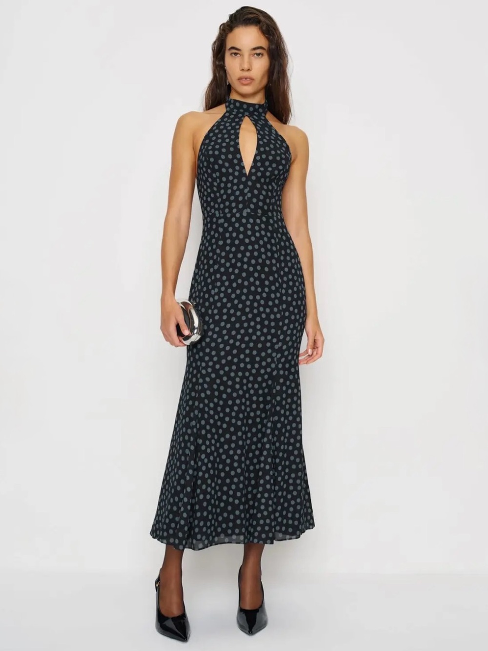 REFORMATION
Noele Maxi Dress
$298 Sleeveless Black Polka Dot Halter Sz 4 New